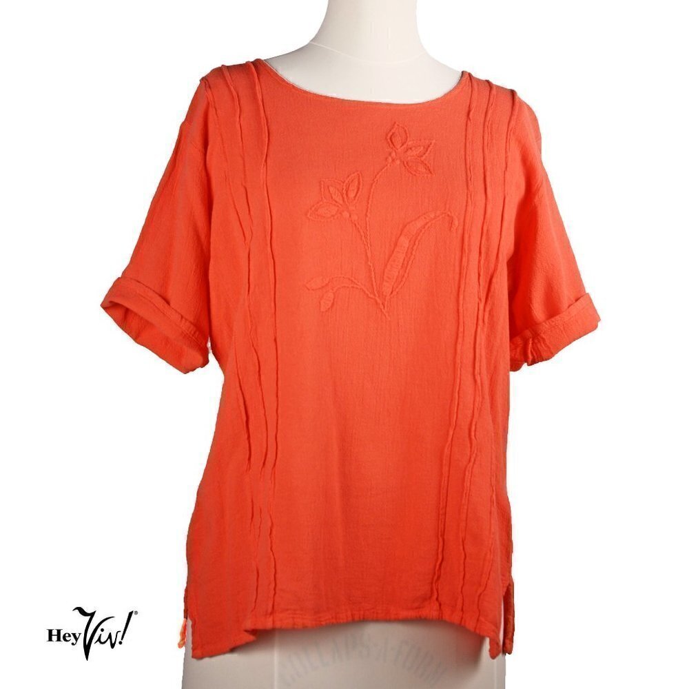 Coral Pink Embroidered Cotton Short Sleeve Top